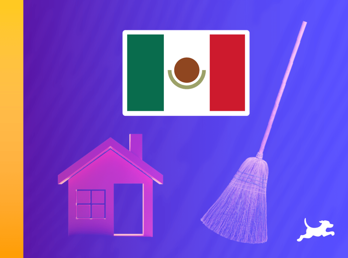 
Bandera mexicana y fotos de una casa y una escoba