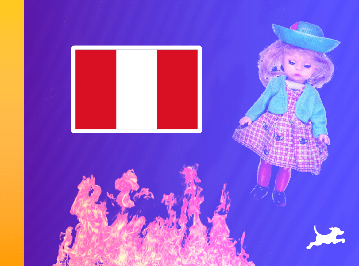 
Bandera peruana y dibujos de un muñeco y fuego